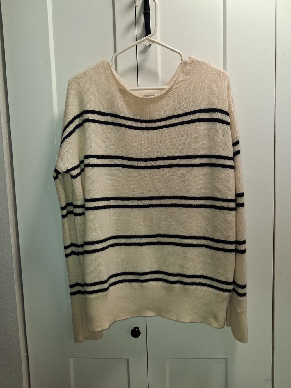 Vince Cream and Black Striped Crewneck Sweater
